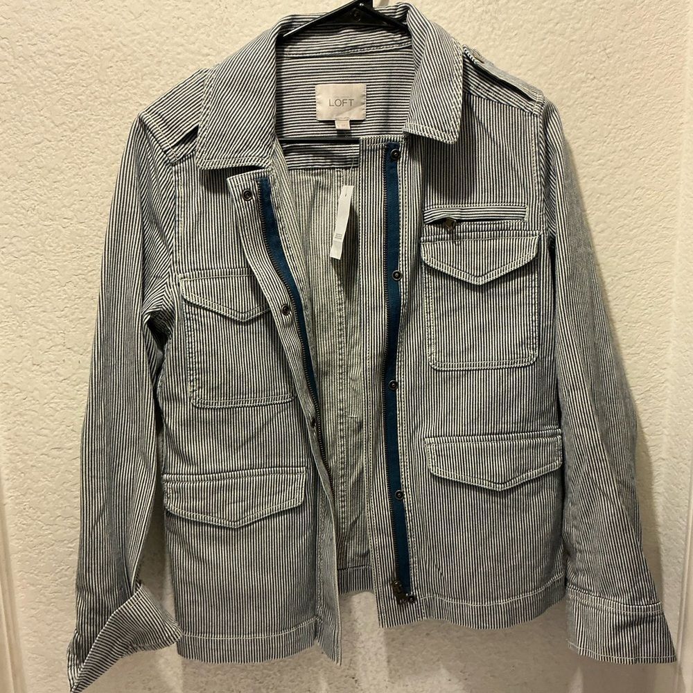 NWT Loft railroad stripe denim jacket size small